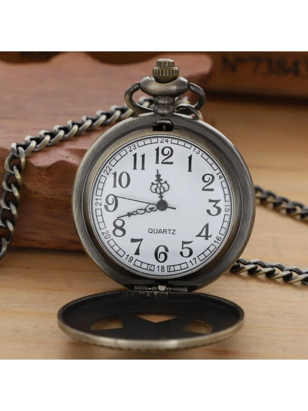 Men's Brown Analog Quartz Arabic Numeral Out Pentagram Chain Dial Pocket Watch